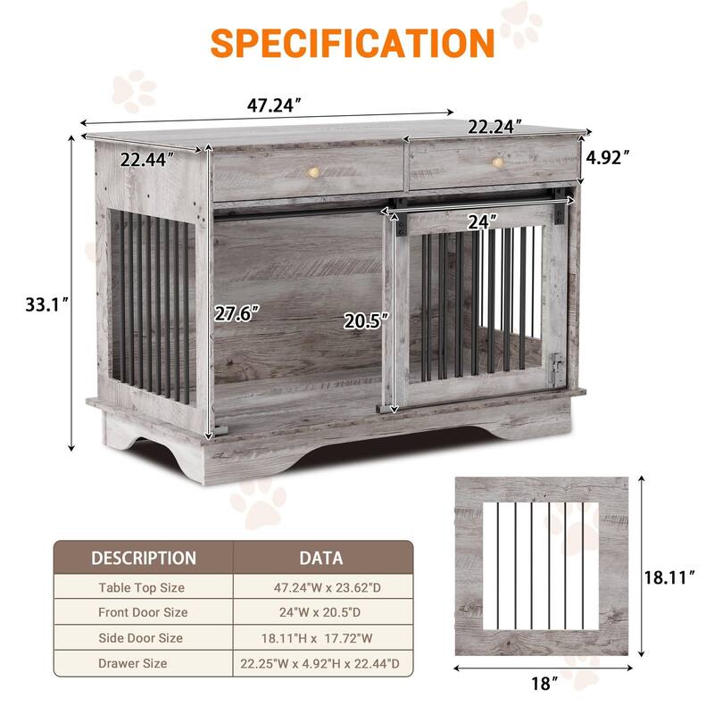 47" Dog Crate Furniture,Dog Crate Table with Drawers & Divider