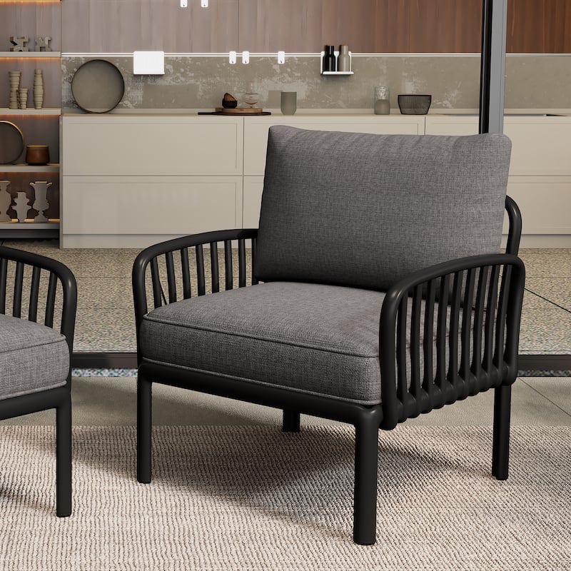 Black Gray Patio Chair Armchair Reading Chair Accent Chair with Cushion, Padded Chair Club Chair Reception Chair
