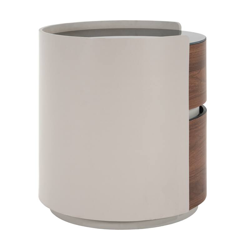 Grey Floor Side Table with Seamless Silhouette Smooth Rounded Edges, Brown Storage Drawers and Black Tempered Glass Top