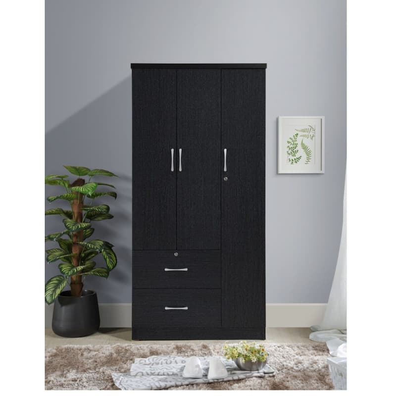 72" Black 2 Drawers and 3 Shelves with 3 Doors Armoire