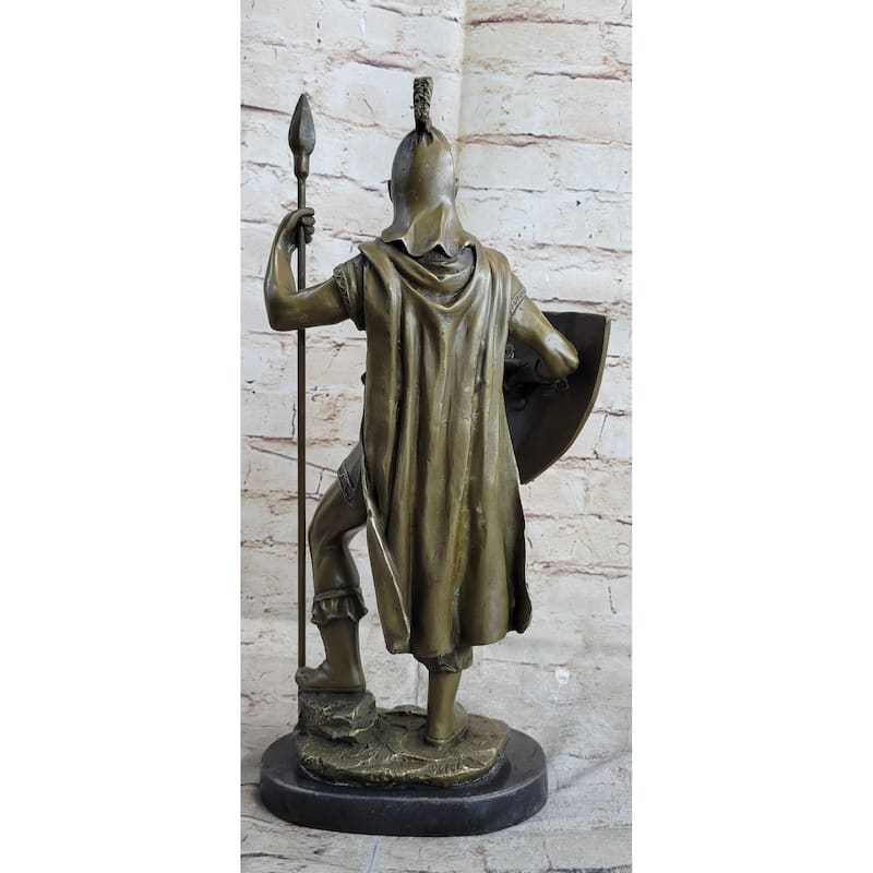Hand Crafted Roman Warrior W/ Sword And Spear Bronze Marble Sculpture Statue
