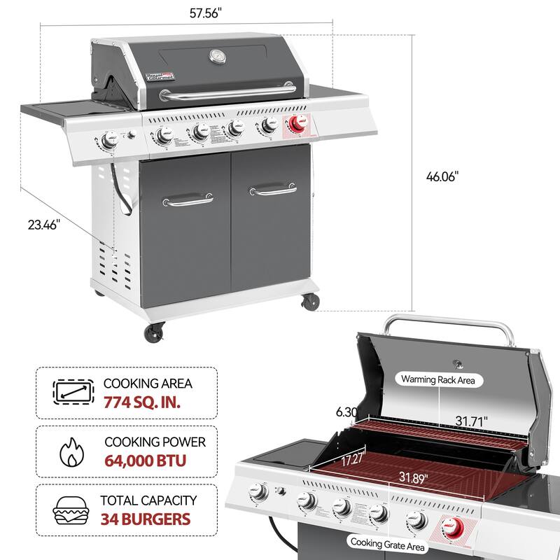 Royal Gourmet 5-Burner Gas Grill with Sear Burner & Side Burner, Grey