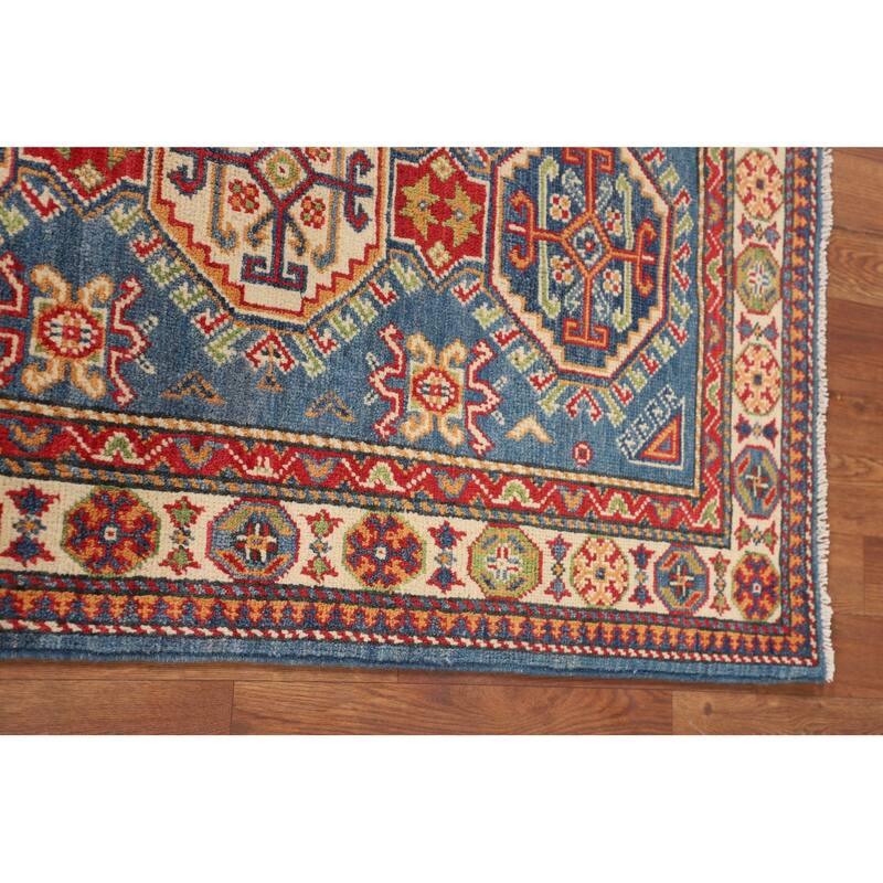 Blue Geometric Kazak Foyer Rug Handmade Bedroom Wool Carpet - 2'7" x 4'1"