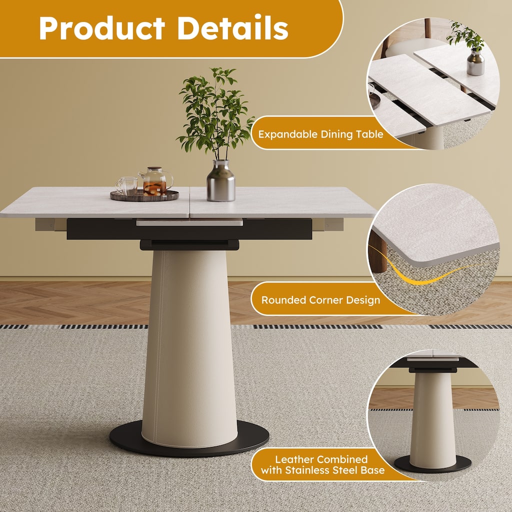 Folding Dining Table, Retractable Home Office Table, Expandable Kitchen Table with Leather-Wrapped Base