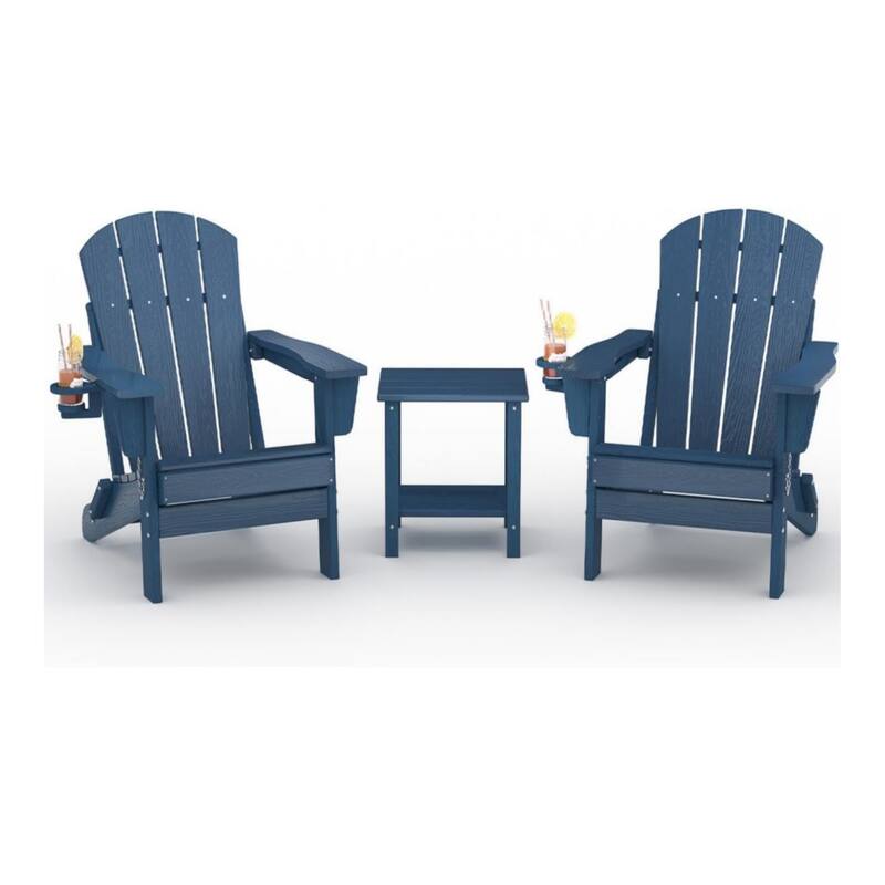 Adirondack Chair Set of 2 with Side Table All-Weather HDPE Wood-Look Texture Cup Holders - Blue