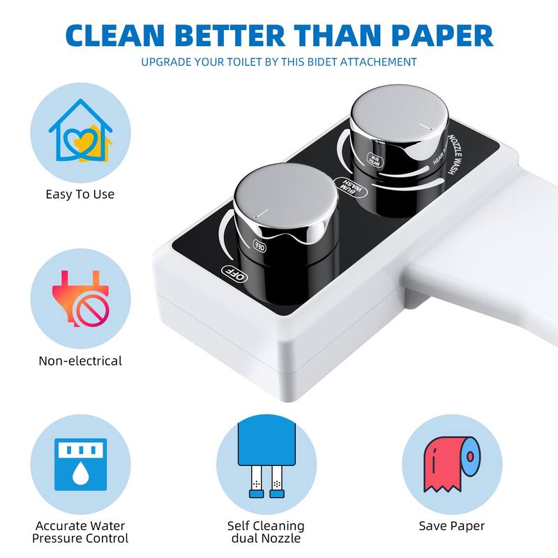Dual Nozzle for Frontal & Rear Wash Self Cleaning Bidet Attachment