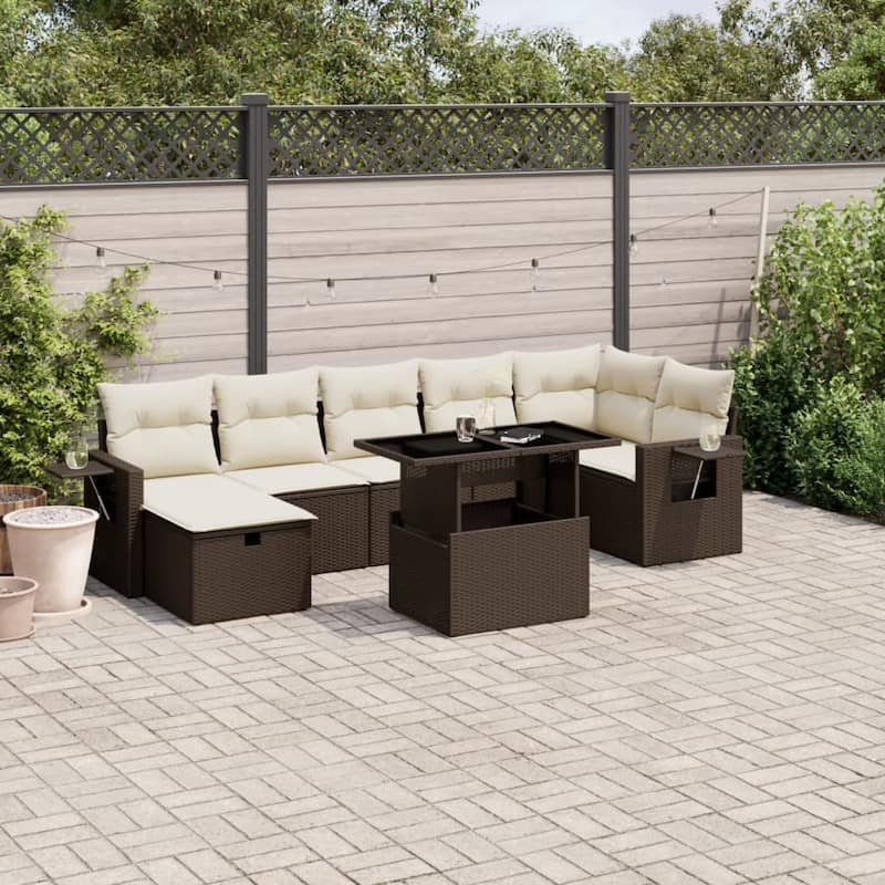 vidaXL Patio Sofa Set with Cushions Outdoor Furniture 8 Piece Poly Rattan - 21.7 x 39.4 x 28.7 in - Brown and cream
