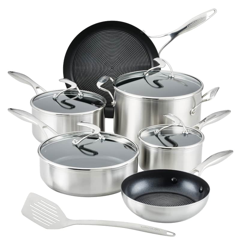 Circulon Stainless Steel Induction Cookware Set with SteelShield Hybrid Stainless and Nonstick Technology, 11-piece, Silver