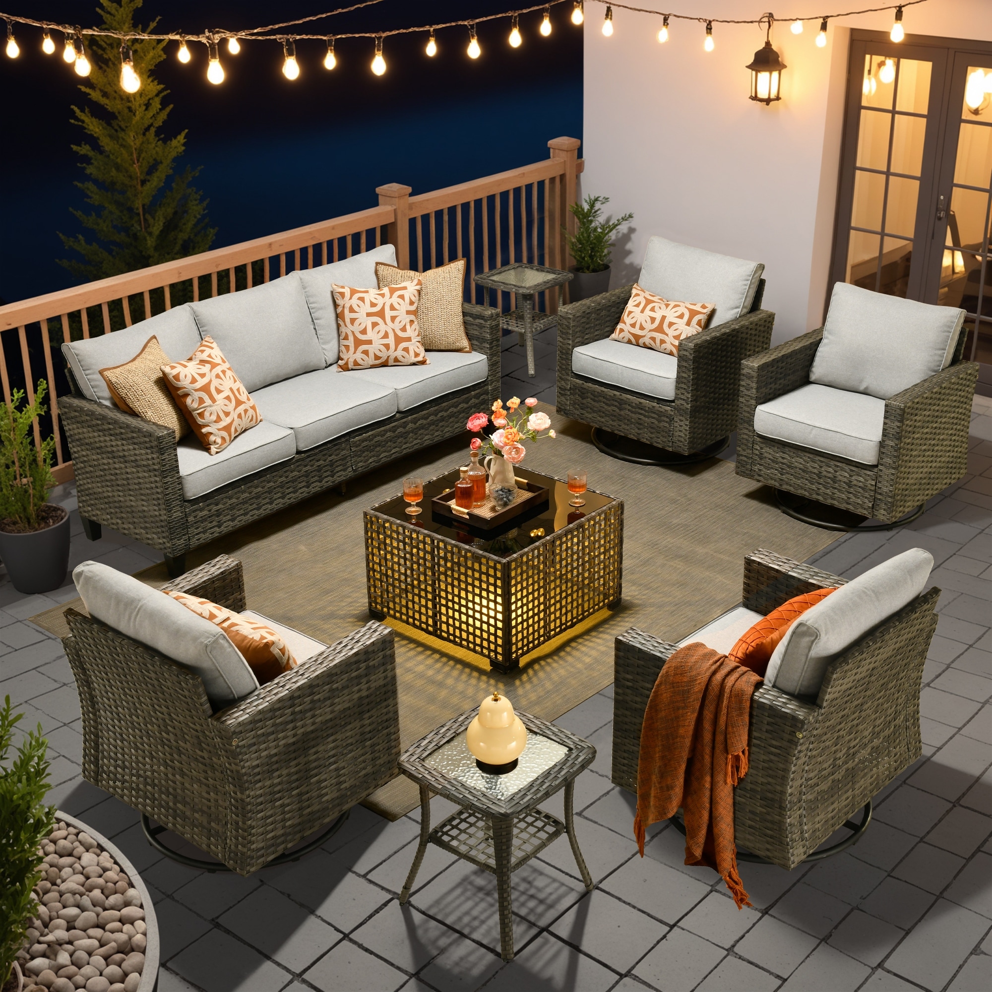 OVIOS 8 Pieces Outdoor Swivel Chair Set with Solar-Powered Table