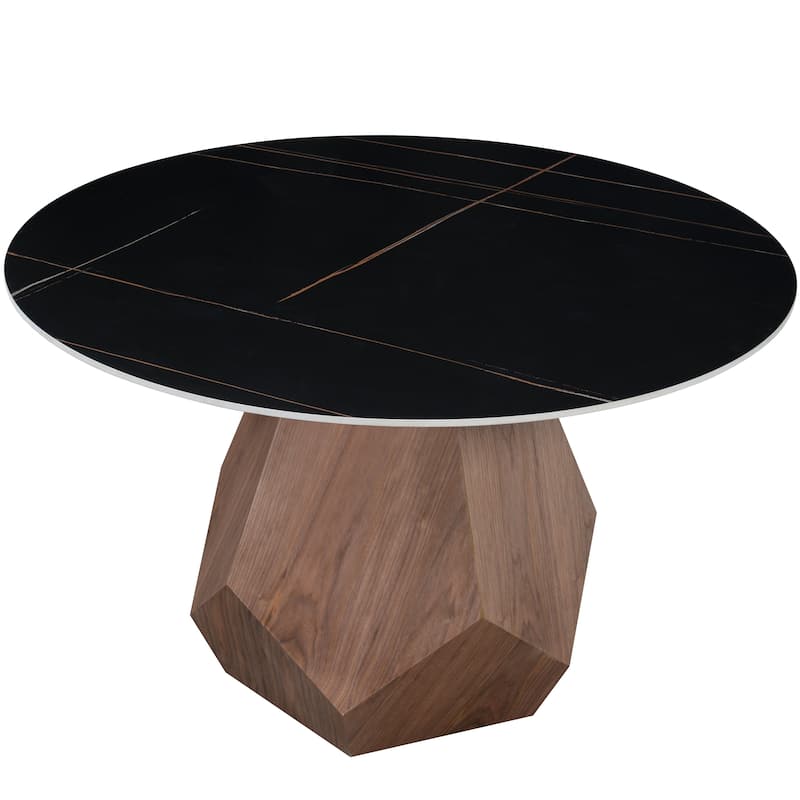 Nebo Round 47" Tempered Glass or Sintered Stone Top Dining Table with Geometric Design Ashwood Pedestal Base Kitchen Table