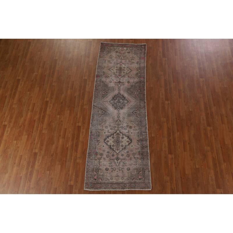 Hand Knotted Oriental 100% Wool Carpet Traditional Geometric Pink Hamedan Runner Rug - 9' 7'' X 3' 3''