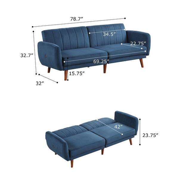 Eugene MidCentury Modern Navy Fabric Split Back Futon Sofa with 2 USB