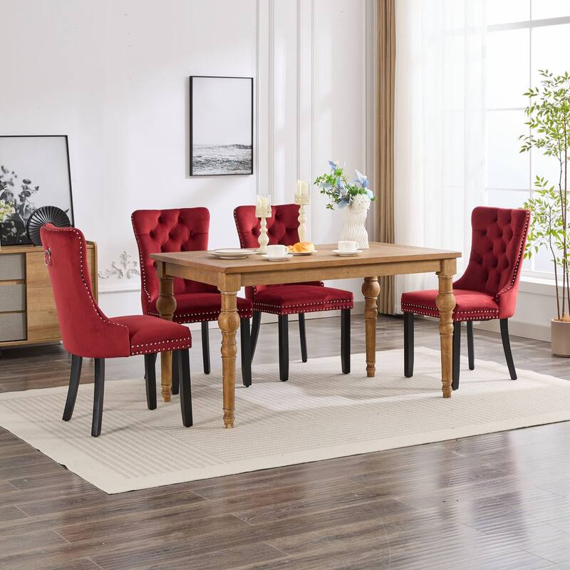 Set of 2 Tufted Dining Chair with Wood Legs, Riveted Trim