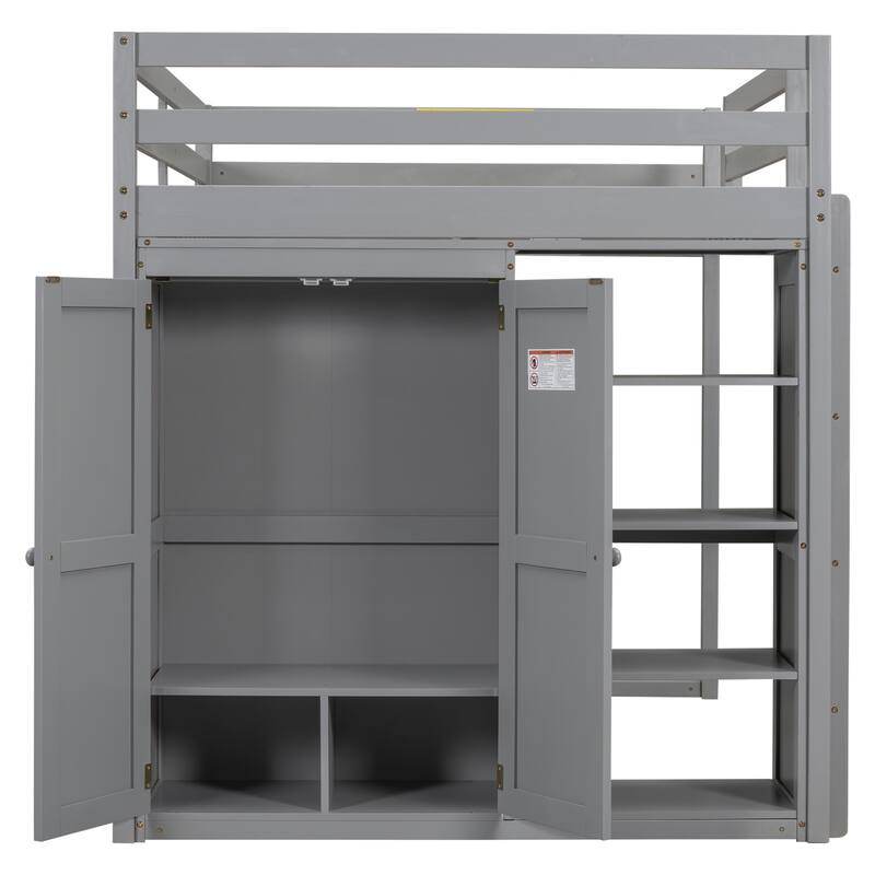 Full Size Loft Bed with Built-in Wardrobe and Storage Shelves, Modern Kids Teens Wood Bed Frame with Led Light