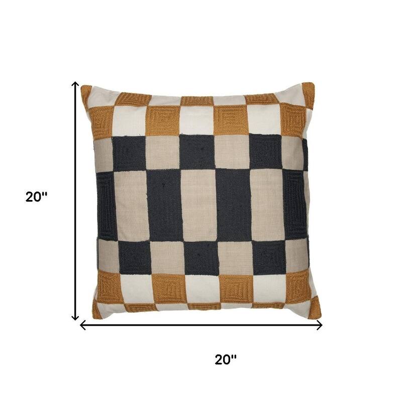 20" Beige Ivory And Navy Blue Check Throw Pillow Cover