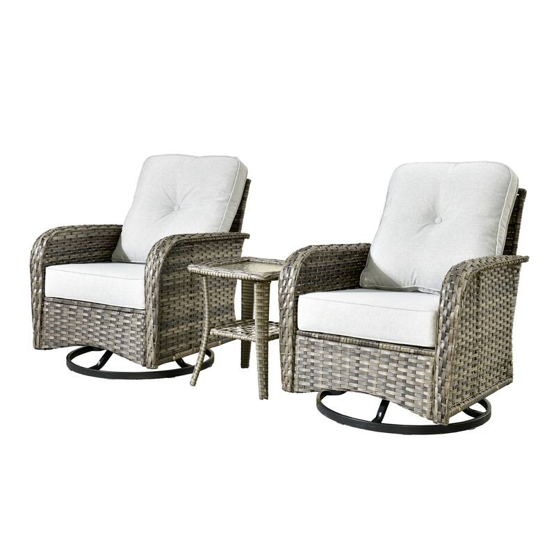 HOOOWOOO 3-piece Grey Wicker Patio Swivel Rocking Chair Set