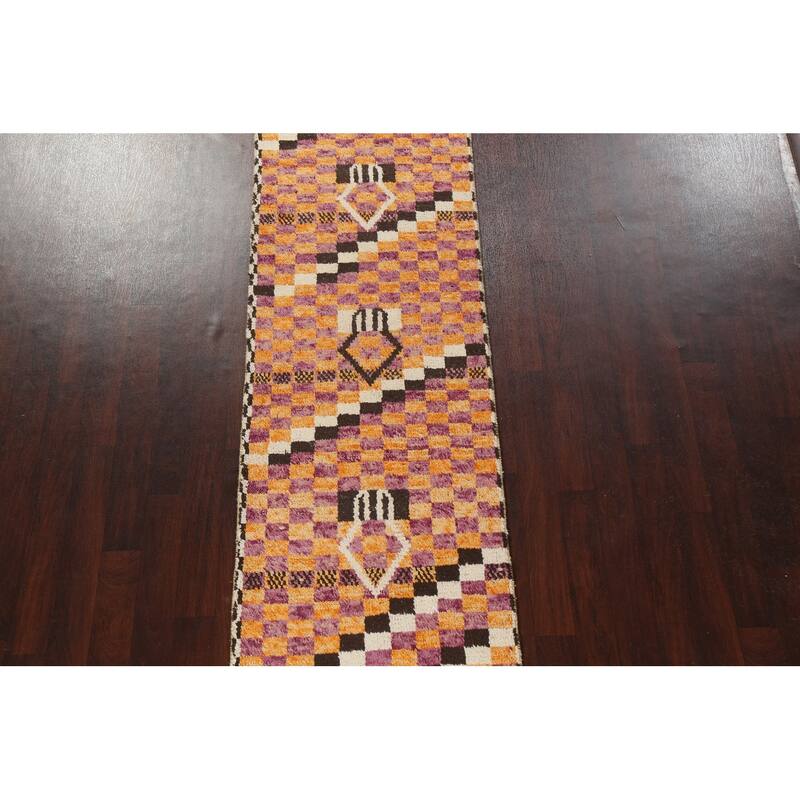Checkered Modern Moroccan Oriental Runner Rug Hand-knotted Wool Carpet - 2'11" x 12'11"