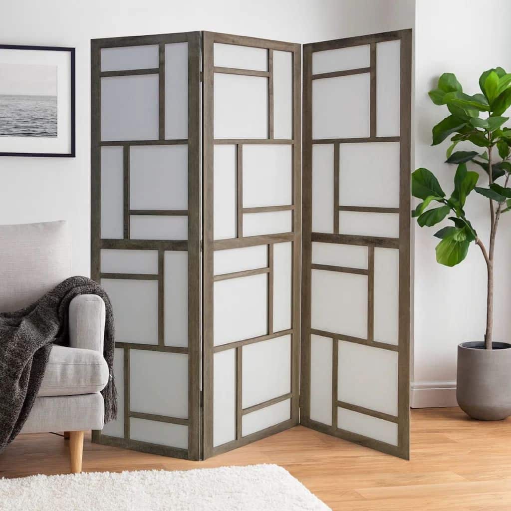 Contemporary 3 Panel Wooden Screen with Geometrical Designs, Gray