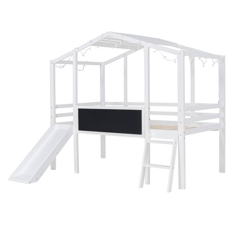 Twin Size Loft Bed with Ladder and Slid, House Bed Frame with Blackboard and Light Strip, Space-Saving Bed No Box Spring Needed