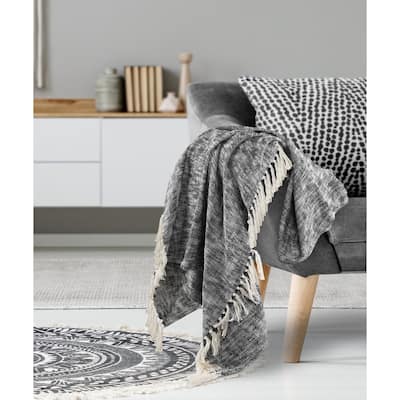 Sevita Black Boho Chambray Standard Size Throw Blanket with Fringe