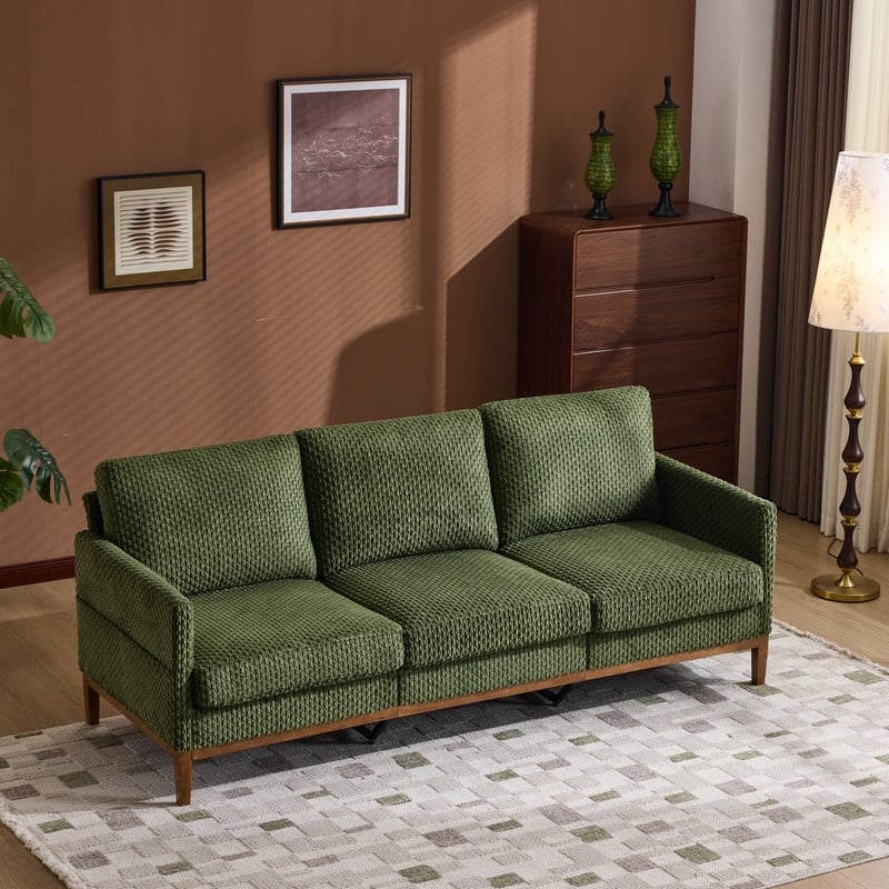 Polyester Upholstery 3-Seater Sofa With Solid Wood Frame - Olive Green