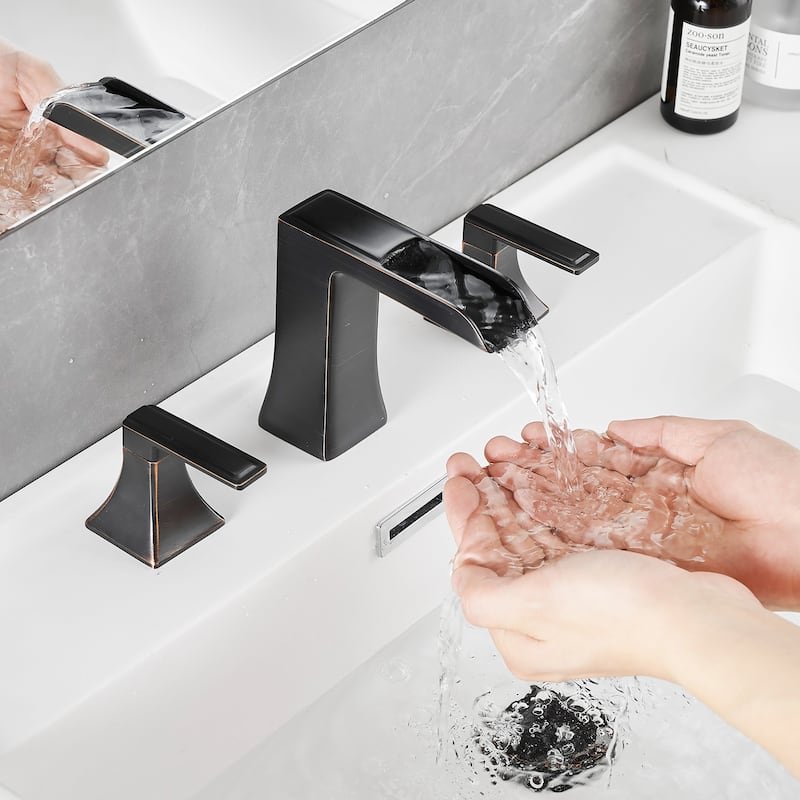 Double Handle Three-Hole Bath Waterfall Faucet with Drain