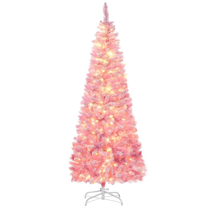 HOMCOM Pre-Lit Snow Flocked Pencil Tree - Realistic Pine Branches, Warm White LED Lights, Auto Open, Pink & White