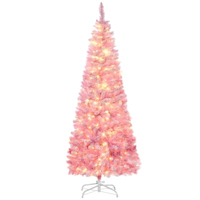 Pre-Lit Snow-Flocked Pink Pencil Christmas Tree with Warm White LED Lights - 6ft & 7.5ft