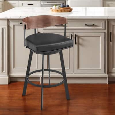 HomeRoots 26" Black and Brown Faux Leather and Iron Low Back Counter Height Swivel Bar Chair