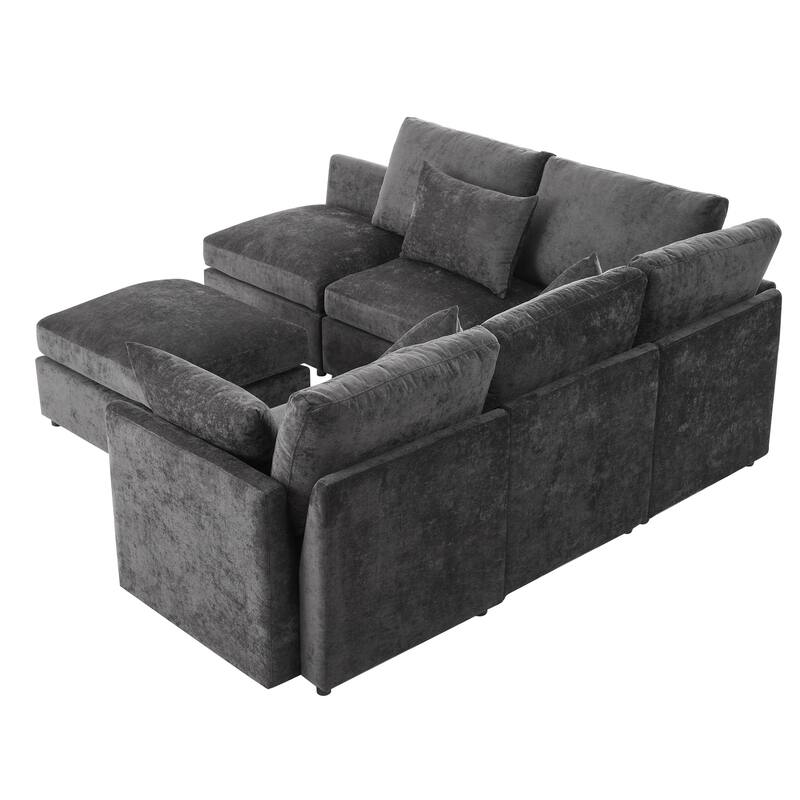 L-Shaped Modular Sectional Sofa Convertible U-Shaped Sofa Bed with Movable Ottoman and 2 USB Ports, 2 Pillows, Chenille 5 Seat
