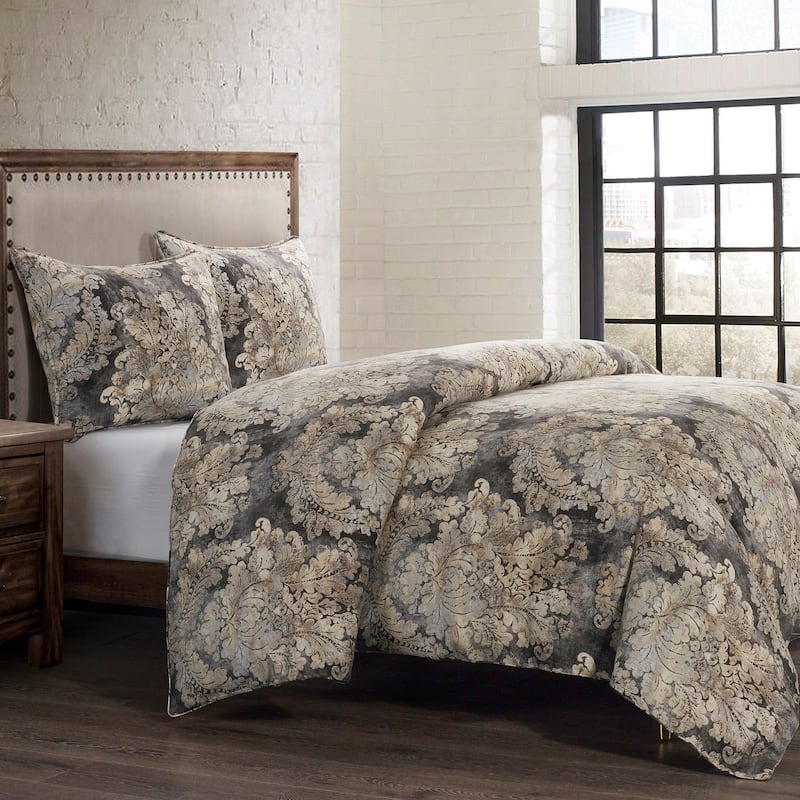 HiEnd Accents Victoria Smoky Damask Washed Linen Romantic Modern 3 Piece Comforter Set
