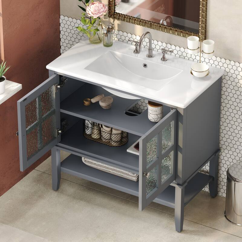 36" Storage Cabinet for Bathroom Vanity with Sink, Textured Glass Doors, Open Shelf, Silver Metal Knobs and Adjustable Shelf