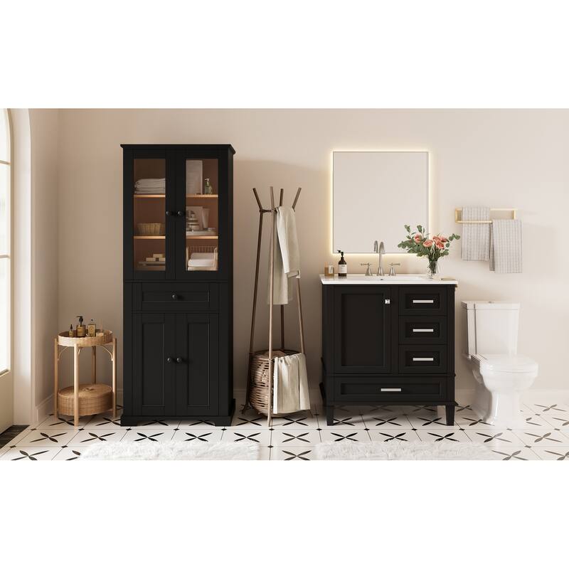 GDFStudio - Fernwell Multifunctional 2-Piece Bathroom Storage Set with Integrated Ceramic Sink Vanity & Tall Cabinet