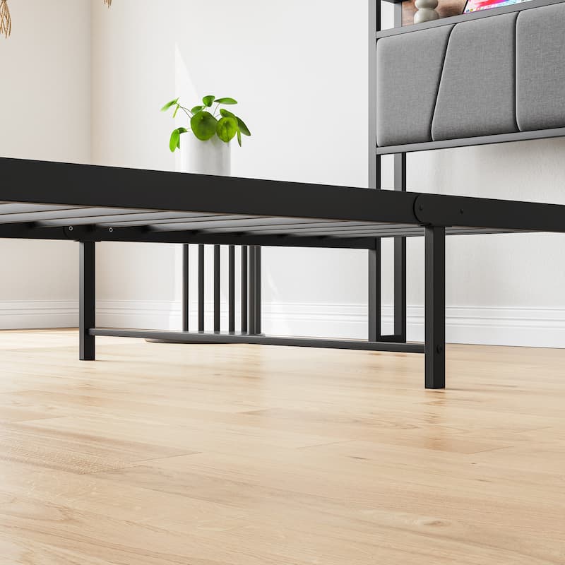Platform Bed Metal Bed Frame, Storage Headboard with Charging Station, Under Bed Storage Clearance, Noise-Free, Easy Assembly