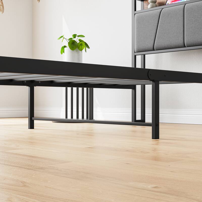 Twin Size Bed Frame with Storage Headboard and Charging Station, Solid and Stable, Easy Assembly