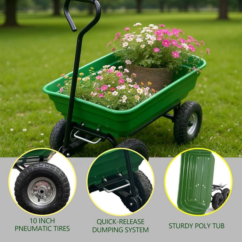 4 Cu Ft Heavy-Duty Steel Utility Wagon with Dump Bed 600 lb Capacity Green