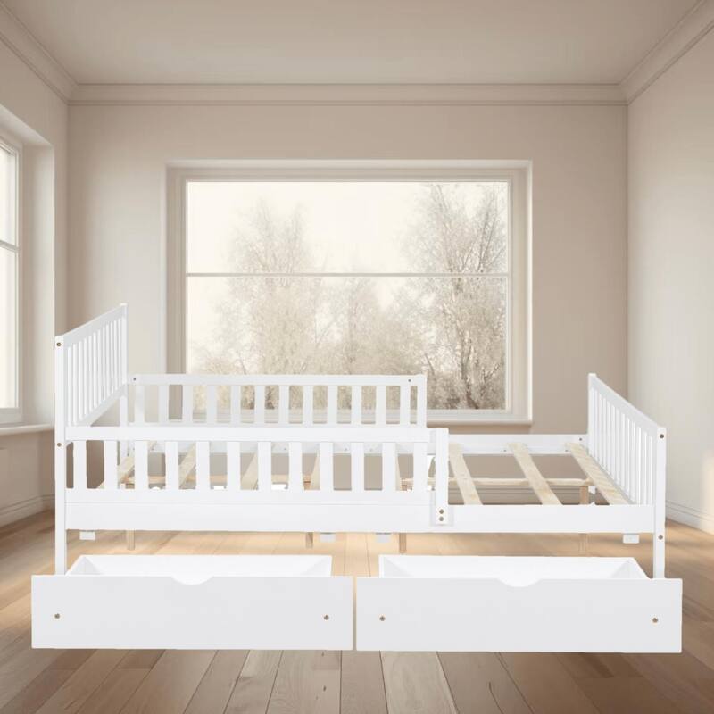 Full Size Wooden Platform Bed Frame with Guardrails and 2 Storage Drawers for Bedrooms Ultimate Comfort and Space-Saving - White - Full