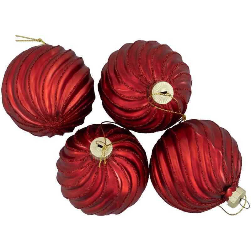 Glittery Swirls Glass Christmas Ball Ornaments - 3" (80mm) - Red - 4ct