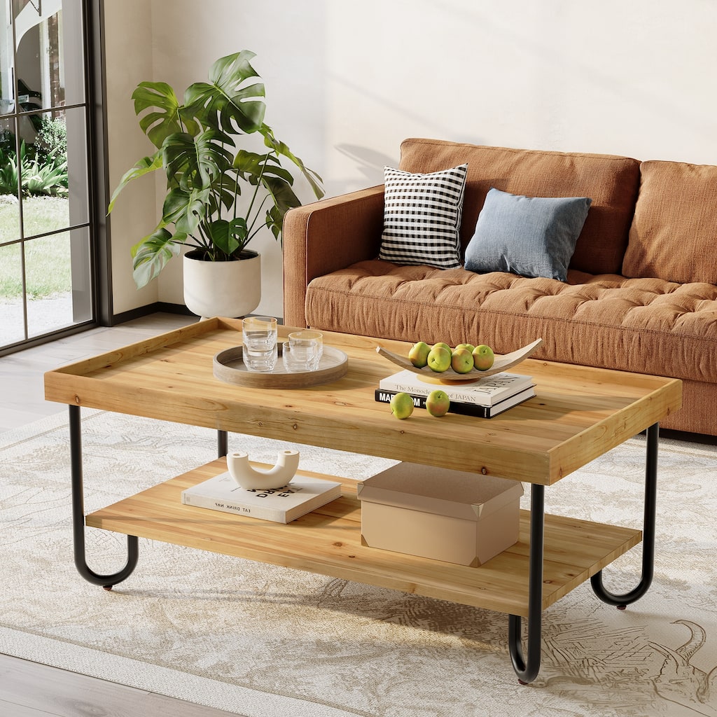 47.24'' Solid Wood Coffee Table with Metal Frame and 2-Tier Storage