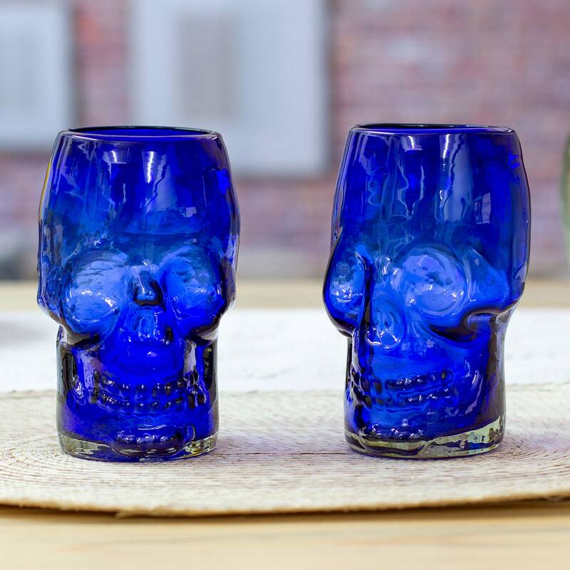 Novica Handmade Blue Skull Handblown Glass Tumblers (Pair)