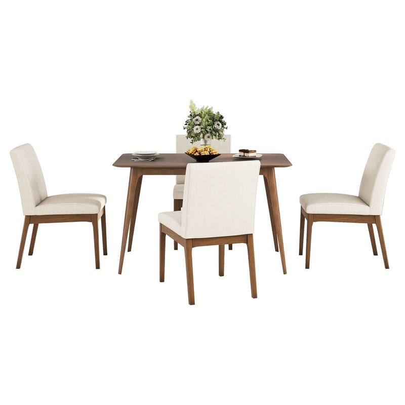 Roomfitters 5-Piece Mid-Century Dining Set, Rectangular Table with Thick Cushioned Upholstered Chairs, Walnut & Light Beige