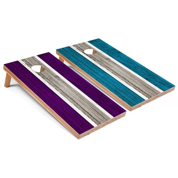 slide 2 of 6, Solid Wood Cornhole Boards - Purple and Turquoise Stripes Design Premium 2x4 (24" x 48") - Include ALL Accessories