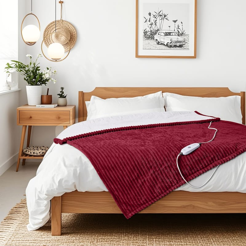 Reversible Flannel & Sherpa Electric Blanket, Heated Throw with Temperature and Timing Functions of a Controller