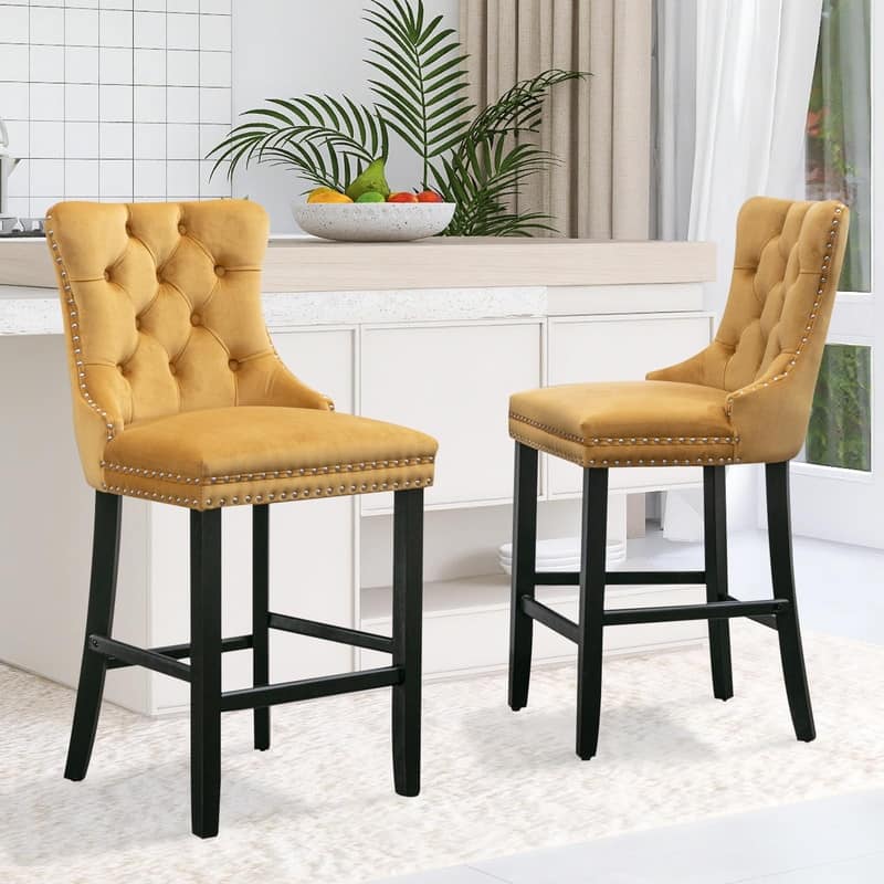 Wing Back Velvet Tufted Nailhead Barstools(Set of 2)
