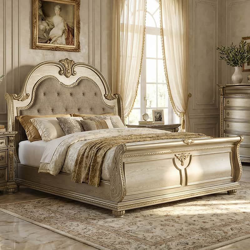 Furniture of America Etane Traditional Solid Wood Sleigh Bed with Tufted Leatherette Headboard - Gold Champagne - King