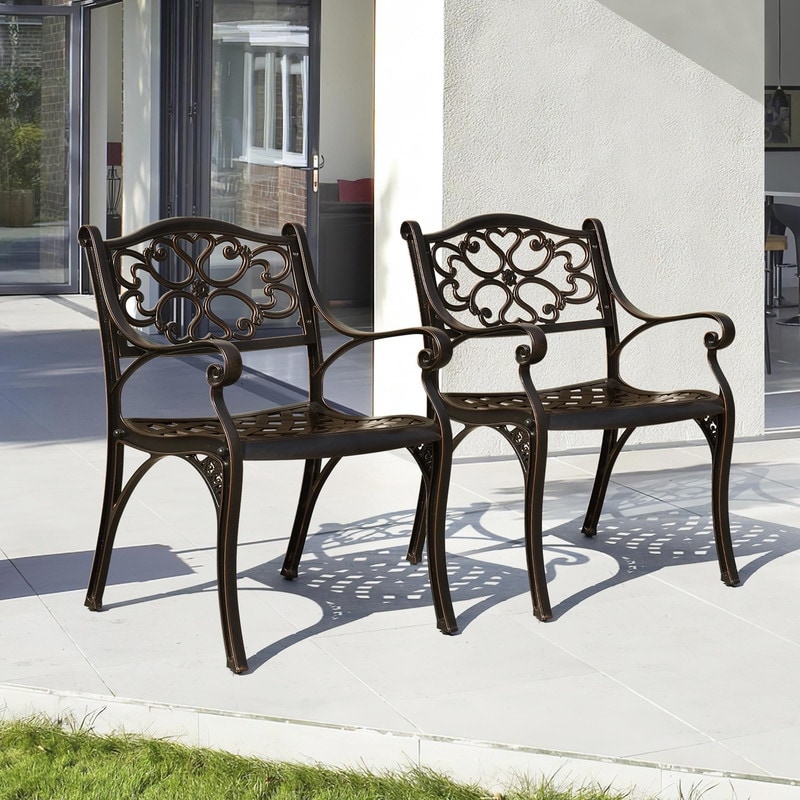 Moasis Set of 2 Outdoor Cast Aluminum Armrest Dining Chairs Patio Bistro Chairs