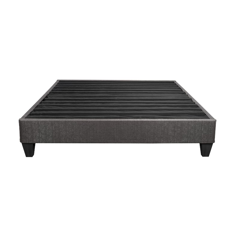 Modern Twin Size Platform Bed Frame with Dark Gray Upholstery and Headboard Attachment