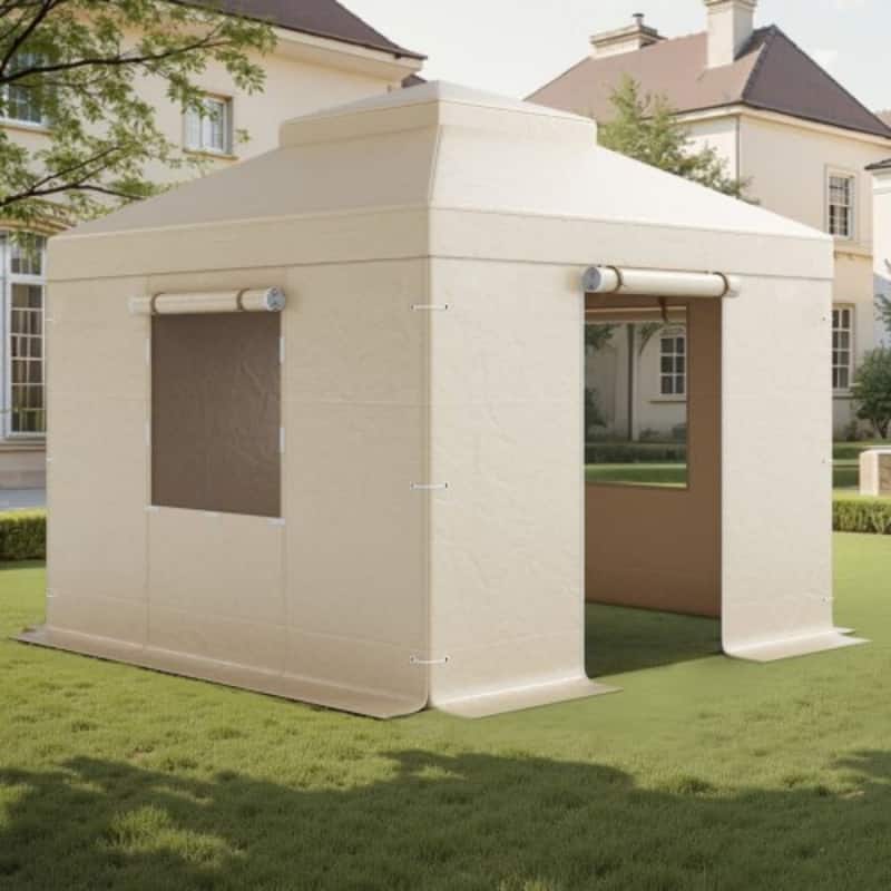 10x10 ft Outdoor Gazebo Cover Double Roof Waterproof PE Tarp with Windows and Door