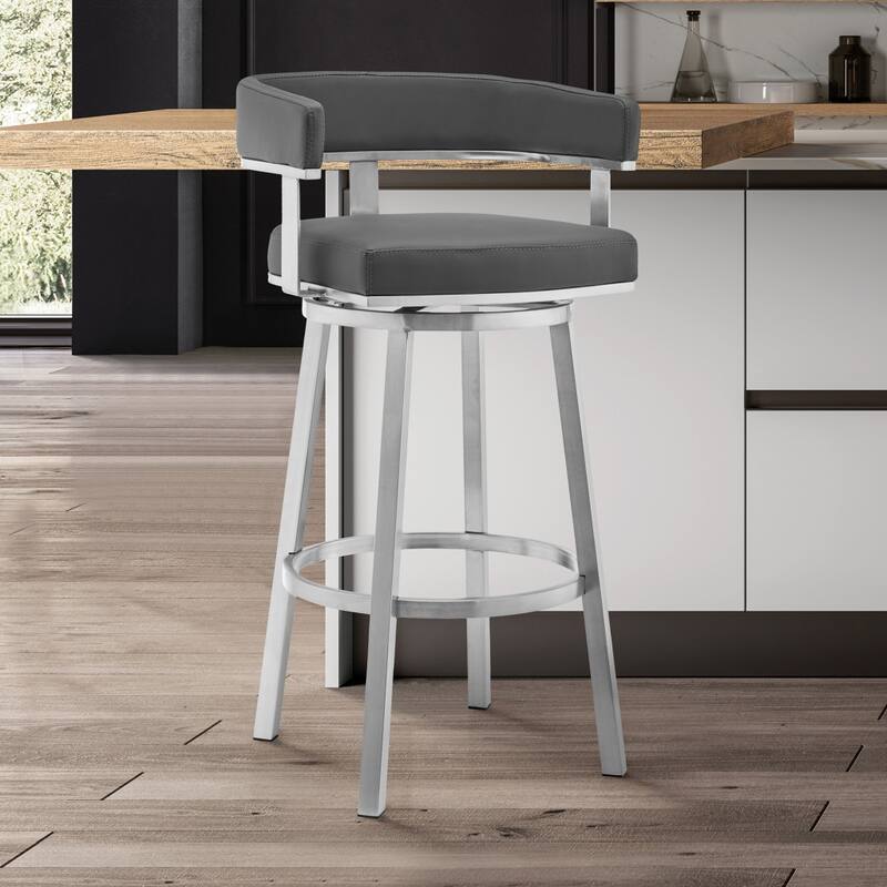 Contemporary Swivel Bar Stool with Silver Brushed Finish and Faux Leather Seat Modern Style