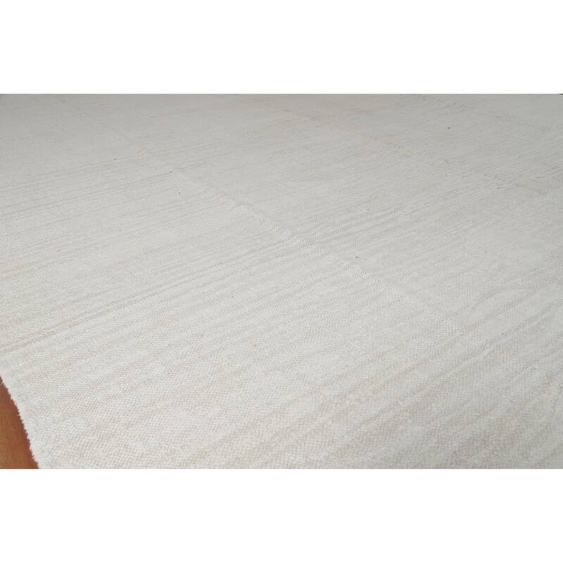 Hand Woven Oriental Cotton Carpet Modern Solid Beige & Ivories Kilim Area Rug - 11' 4'' X 9' 4''